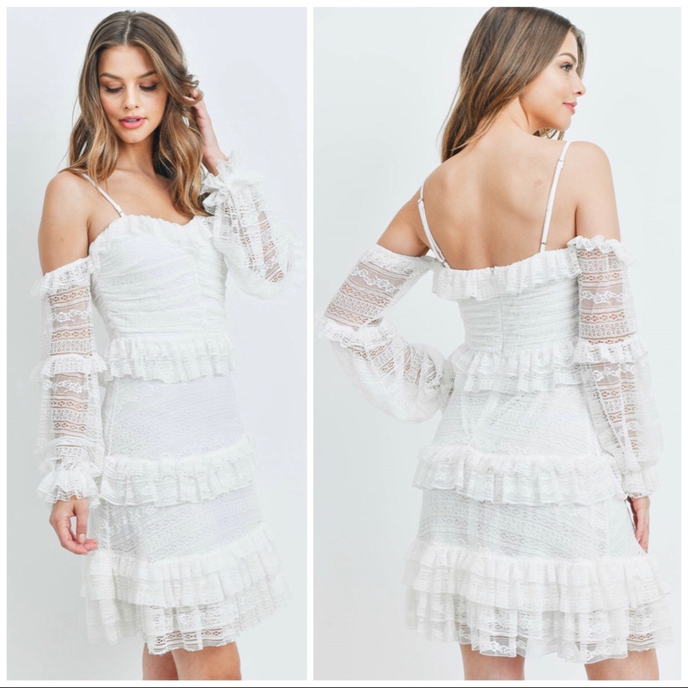 Chic White Fringe Off Shoulder Boho Tier Lace Evening Wedding Prom Cocktal Dress